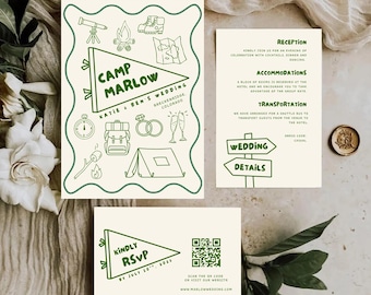 Camp Wedding Invitation Set, Details Sheet, RSVP Card, Digital and Printable Canva Template, Campy Nature Outdoorsy Cabin Wedding Day Invite