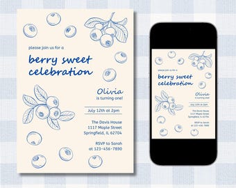 Invitación a fiesta de cumpleaños de arándanos, dulce celebración de bayas (plantilla digital de Canva)