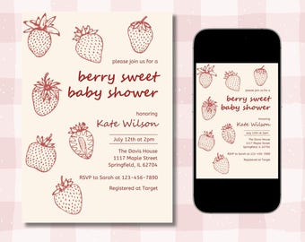 Strawberry Baby Shower Invite, Berry Sweet Invitation (Digital Canva Template)