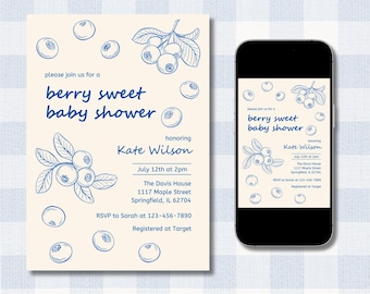 Blueberry Baby Shower Invite, Berry Sweet Theme (Digital Canva Template)