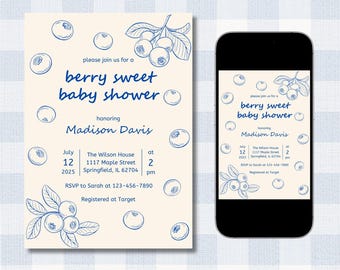 Blueberry Baby Shower Invite, Berry Sweet Theme (Digital Canva Template)