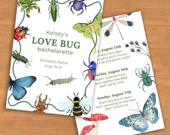 Bug Theme Bachelorette Invite, Love Bug, Bach Itinerary, Bridal Party, Cottagecore Naturecore, Printable and Mobile Canva Template