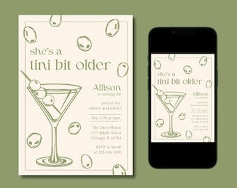 Martini Birthday Invitation, Tini Bit Older, Editable Template (Digital Invite)