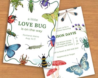 Invitación para baby shower "Little Love Bug", imprimible y plantilla de invitación móvil en Canva.