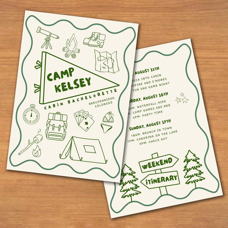 front and back of a camp themed bachelorette party invitation posed on a wood table. The main colors are off-white and dark green