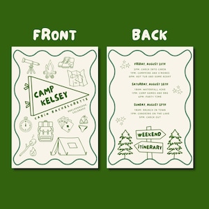 front and back of a camp themed bachelorette party invitation. The back features the itinerary. The front has a pendant flag with "camp" the bride's name inside. The front features cute outlines of outdoorsy gear like a tent, smore's, etc.