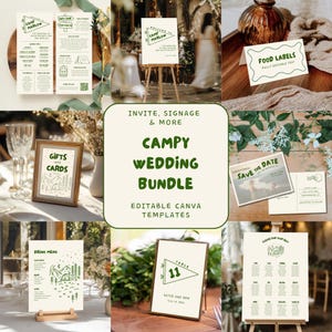 May include: A selection of wedding stationery templates with a camping theme. The bundle includes invitations, signage, and more. The designs feature green and white text and illustrations, including a tent, mountains, and pennant flags. The text includes "Campy Wedding Bundle" and "Editable Canva Templates."