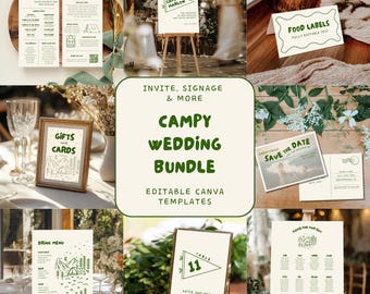 Campy Wedding Template Bundle, Invitation, Ceremony, Reception, Stationery & Signs, Editable and Printable, Outdoorsy Cabin Wedding Day