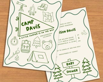 May include: A green and white baby shower invitation with a camping theme. The invitation says "Camp Davis" and "A little camper is on the way".