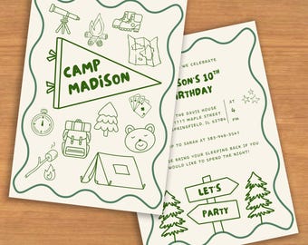 Camp Birthday Party Invite, Printable & Digital Editable Invitation Template, Campout Bday Party, Backyard Bonfire Glamping S'mores Fun