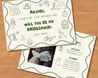 Tarjeta de propuesta de dama de honor con temática de campamento, boda al aire libre (plantilla de Canva)