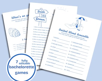 Beach Bachelorette Party Games, Bridal Shower Bingo, Seashells and Wedding Bells Bride