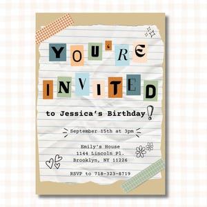 May include: A birthday party invitation with a torn paper effect. The text "YOU'RE INVITED to Jessica's Birthday!" is written in colorful letters. The invitation includes the date, time, location, and RSVP information.