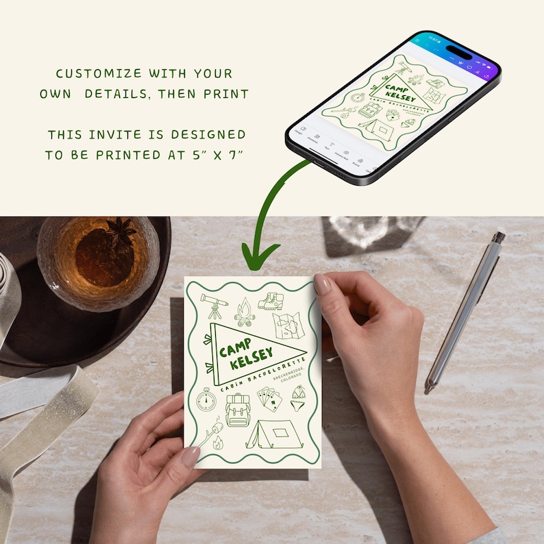 "Customize with your own details, then print. This invite is designed to be printed at 5 inches by 7 inches