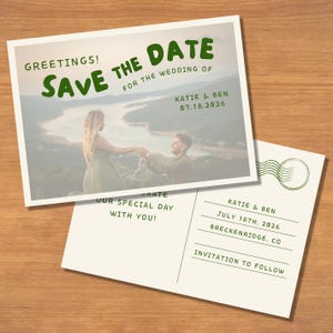Carte postale « Réservez la date » sur le thème du camping, modèle de toile numérique, mariage nature en plein air, imprimable éditable à personnaliser, téléchargement immédiat, photo