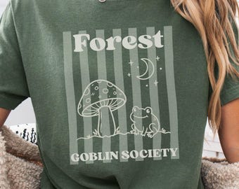 Camiseta de la Sociedad de Duendes del Bosque, Camiseta de Rana Champiñón, Camiseta Cottagecore, Camiseta Goblincore, Camiseta de Rayas Vintage, Camiseta de Criatura del Bosque