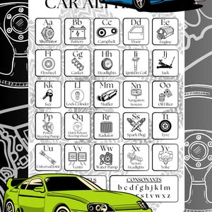 以下が含まれることがあります： 青と緑の車のイラストが描かれたカラフルなチャート。チャートには「CAR ALT」というラベルが付けられており、車の部品とその対応する文字がリストされています。文字はアルファベット順に並んでいます。チャートには、子音のリストも含まれています。