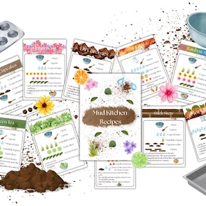 May include: Watercolor illustration of "Mud Kitchen Recipes" with recipe cards for "Muddy Cupcakes", "Dirt Brownies", and "Rainbow Salad". Includes a muffin tin, mixing bowl, and baking pan. Decorative flowers and dirt splatters.