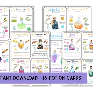 May include: Set of 16 potion cards with watercolor illustrations. Each card features a different potion with ingredients and instructions. The cards are labeled with names like "Fairy Flower Potion" and "Galaxy Potion". The text "INSTANT DOWNLOAD - 16 POTION CARDS" is at the bottom.