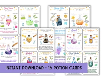 May include: Set of 16 potion cards with watercolor illustrations. Each card features a different potion with ingredients and instructions. The cards are labeled with names like "Fairy Flower Potion" and "Galaxy Potion". The text "INSTANT DOWNLOAD - 16 POTION CARDS" is at the bottom.