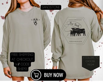 Unisex T-shirt med långärmad t-shirt, ät mer nötkött, cowboyskjorta, westernkläder, jordbrukspresent