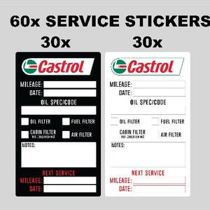 Può includere: Due adesivi di servizio in bianco e nero con il logo Castrol. Gli adesivi hanno campi per il chilometraggio, la data, la specifica dell'olio, il filtro dell'olio, il filtro del carburante, il filtro dell'abitacolo, il filtro dell'aria e note. Gli adesivi hanno anche una sezione per il prossimo servizio con campi per il chilometraggio e la data.