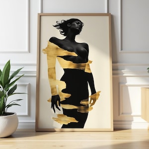 Poster di silhouette femminile sofisticata - Arte astratta con pennellate dorate - Decorazione murale di lusso - 7K 300 DPI
