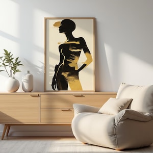 Stampa artistica digitale glamour - Ritratto di donna astratta in nero e oro - Decorazione estetica per pareti domestiche - 7K 300 DPI