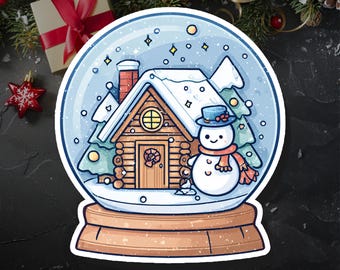 Kawaii Snow Globe Sticker: Cozy Cabin Christmas Vinyl Decal