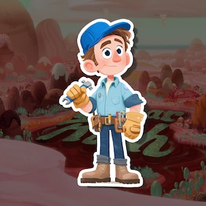 May include: A cartoon sticker of a male character wearing a blue cap, light blue shirt, and dark blue pants. He holds a hammer and is wearing a tool belt and work gloves. The background shows a colorful, fantasy landscape.