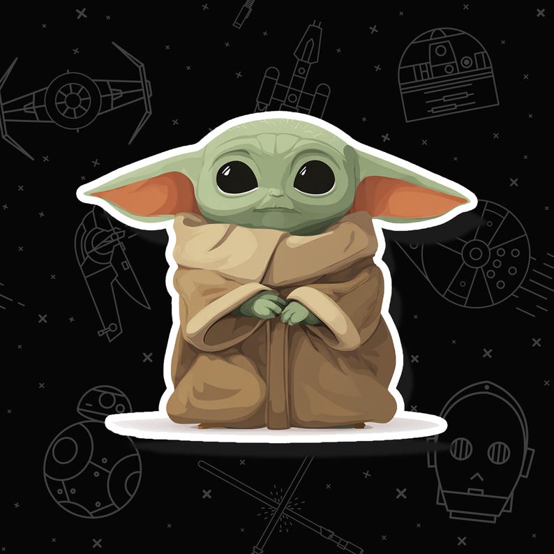 Pu&ograve; includere: Un adesivo raffigurante Grogu, noto anche come Baby Yoda, della serie Star Wars. Il personaggio &egrave; mostrato con un mantello marrone, grandi occhi e orecchie, su uno sfondo nero con illustrazioni a tema Star Wars.