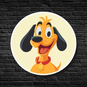 May include: A cartoon illustration of a smiling dog with yellow fur, black ears, and a red collar with a gold tag. The dog is set against a light yellow circle, with a black brick background.