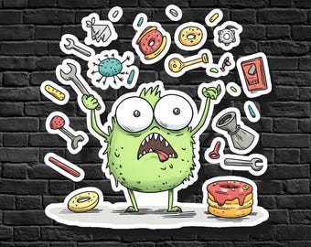 Funny Mischievous Creature Vinyl Sticker: Juggling Donuts & Wrench