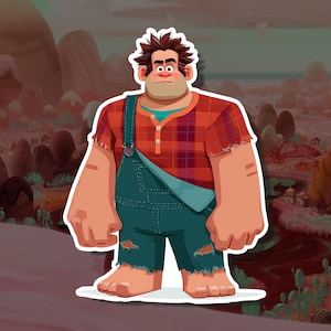 May include: A sticker of a cartoon character with brown hair, a red plaid shirt, and blue overalls. The character has a serious expression and is standing with bare feet. The background features a colorful, whimsical landscape.