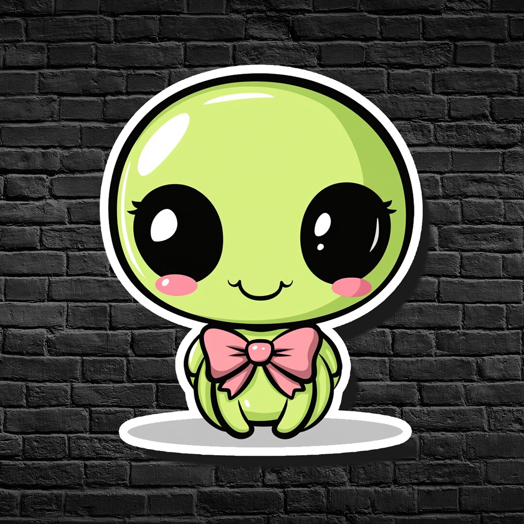 Kawaii Alien Sticker: Adorable Green Alien With Bow - Etsy