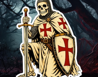 Crusader Skeleton Sticker | Medieval Templar Tattoo Flash | Gothic Warrior Decal