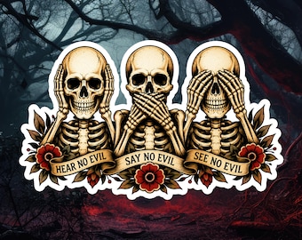 Hear No Evil Skeleton Sticker | Three Skull Tattoo Flash Decal | Gothic Trio Art
