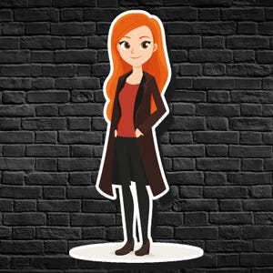 May include: A cartoon illustration of a woman with long red hair wearing a brown coat, a red shirt, and black pants. She is standing on a white platform against a black brick wall background.