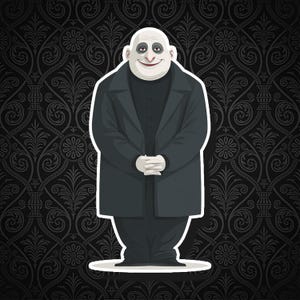 May include: Illustration of a bald, smiling character in a black coat and suit, with pale skin and dark eye makeup. The character's hands are clasped in front. The background is a black damask pattern.