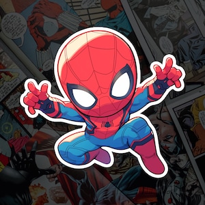 May include: A sticker featuring a stylized Spider-Man character in a dynamic pose. The character is depicted in a red and blue suit with white eyes, and a spider emblem on the chest. The background is a collage of comic book panels.