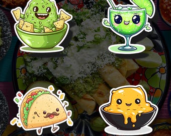 Mexican Food Kawaii Sticker Set: Guacamole, Margarita, Taco, Queso