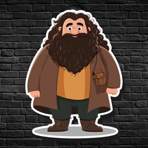 Op de afbeelding: Een cartoonillustratie van een man met bruin haar en een lange bruine baard, die een bruine jas, een geel shirt en een donker broek draagt. Hij staat op een witte achtergrond.
