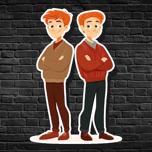 Puede incluir: Dos ilustraciones de dibujos animados de personas con cabello rojo, vistiendo suéteres y pantalones. Una persona lleva un suéter marrón y pantalones marrones, la otra lleva un suéter rojo y pantalones azules.