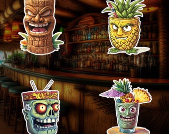 Tiki Collection Stickers: Funny Aloha Idol, Pineapple, Zombie