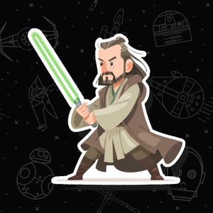 Puede incluir: Una pegatina con una ilustración de dibujos animados de un Maestro Jedi sosteniendo un sable de luz verde. El personaje viste túnicas marrones y beige, con barba y pelo largo. El fondo negro tiene contornos blancos de naves espaciales y robots.