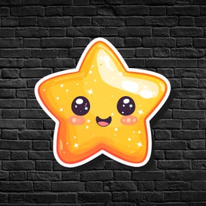 May include: A yellow cartoon star with a smiling face, big eyes, and a sparkly texture. The star is on a black brick background.