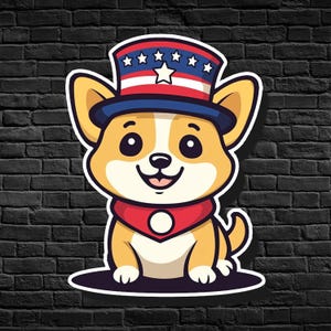 Puede incluir: Ilustración de dibujos animados de un corgi sonriente con un sombrero de copa patriótico con rayas y estrellas rojas, blancas y azules. El corgi también lleva un pañuelo rojo con un círculo blanco. La imagen tiene un contorno blanco.