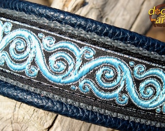 Blue Wave Dog Collar Leather, Adjustable Metal Buckle, Metallic Sparkly, Design Your Own