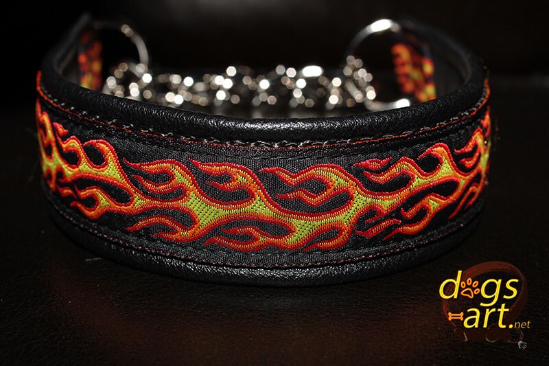 Martingale Chain Leather Dog Collar Design Flames Create Etsy