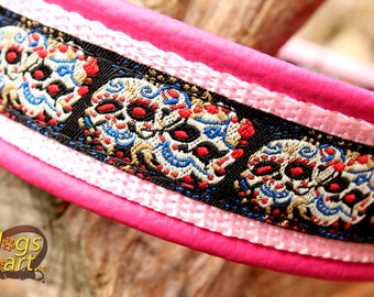 Dog Collar Sugar Skulls, Leather pink, Collar with Buckle, Design your own